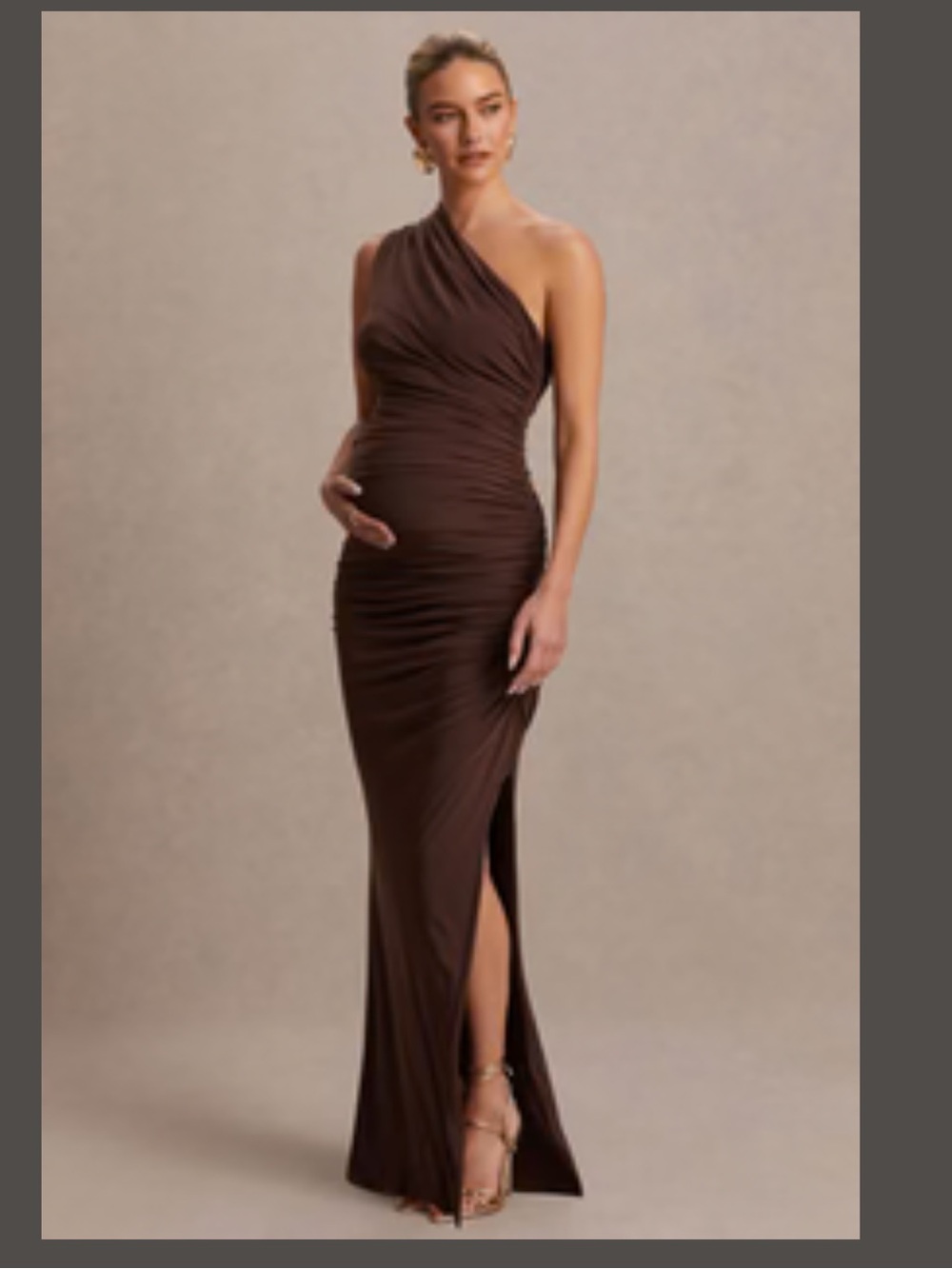 One-Shoulder Ruched Maxi Maternity Dress in Brown